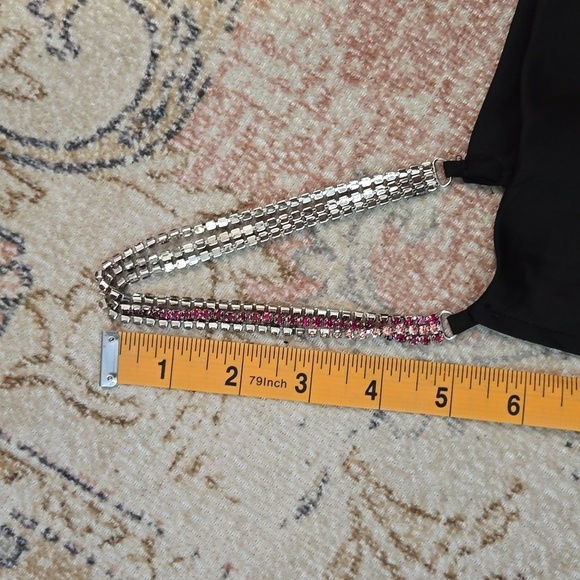 Rachel Zoe Black Satin Pink Rhinestone Strap Cropped Drape Front Cami Tank Sz M - Picture 11 of 11